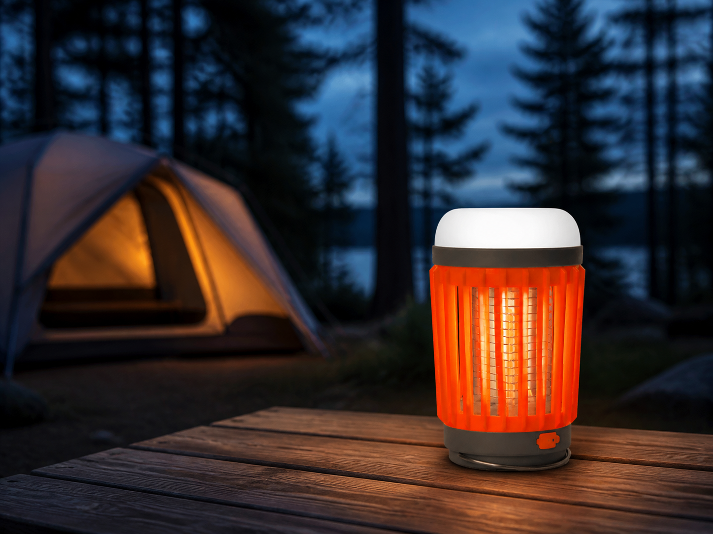 BuzzKrush lantern on a campsite table at blue hour