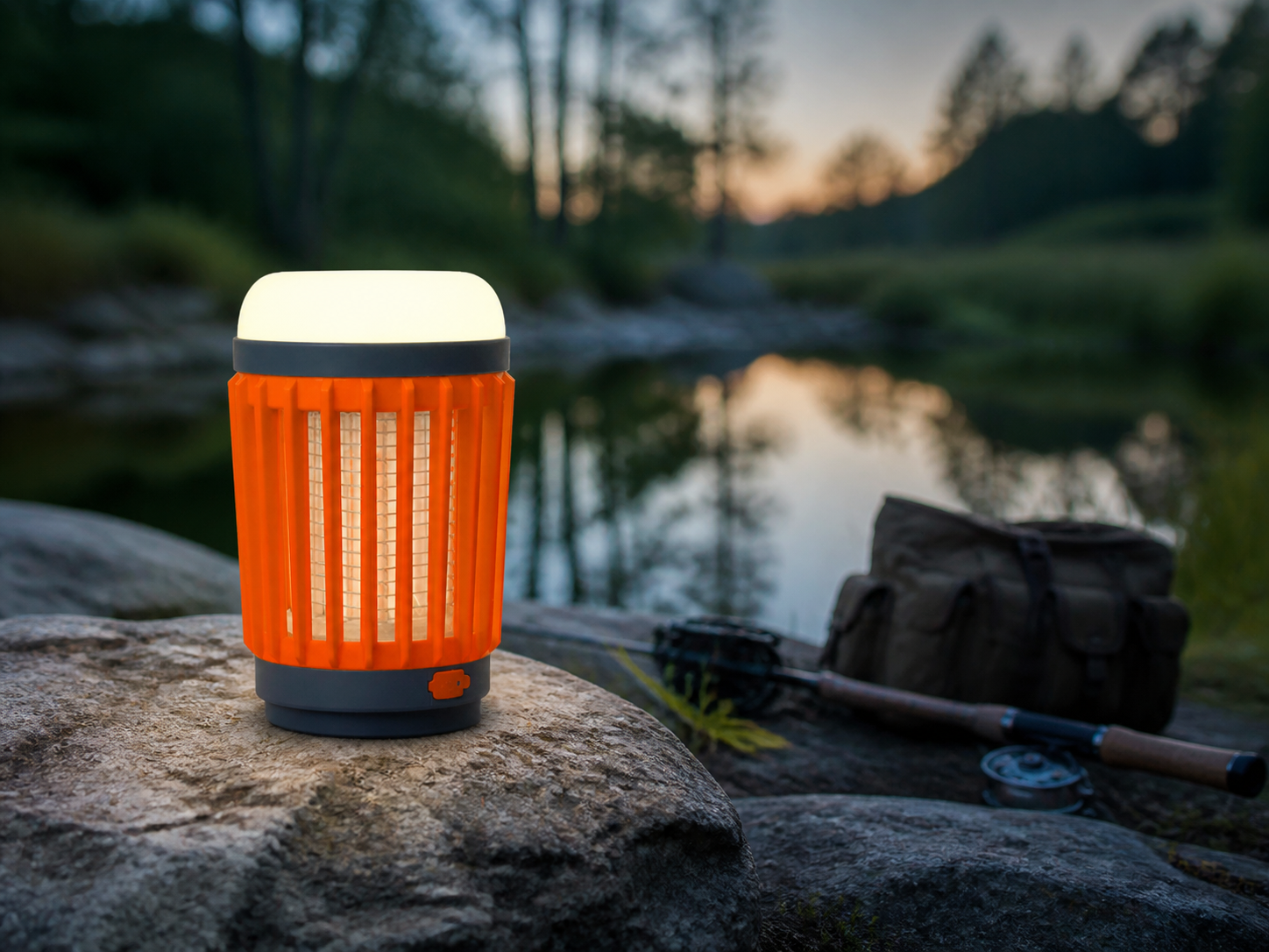BuzzKrush lantern beside a fishing bank at dusk