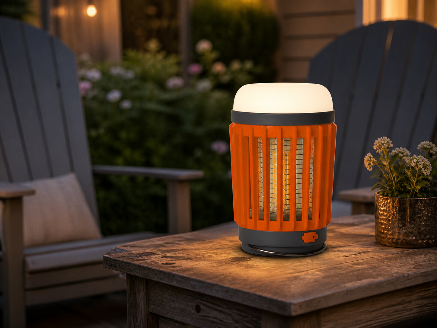 BuzzKrush lantern on a back-porch table at dusk