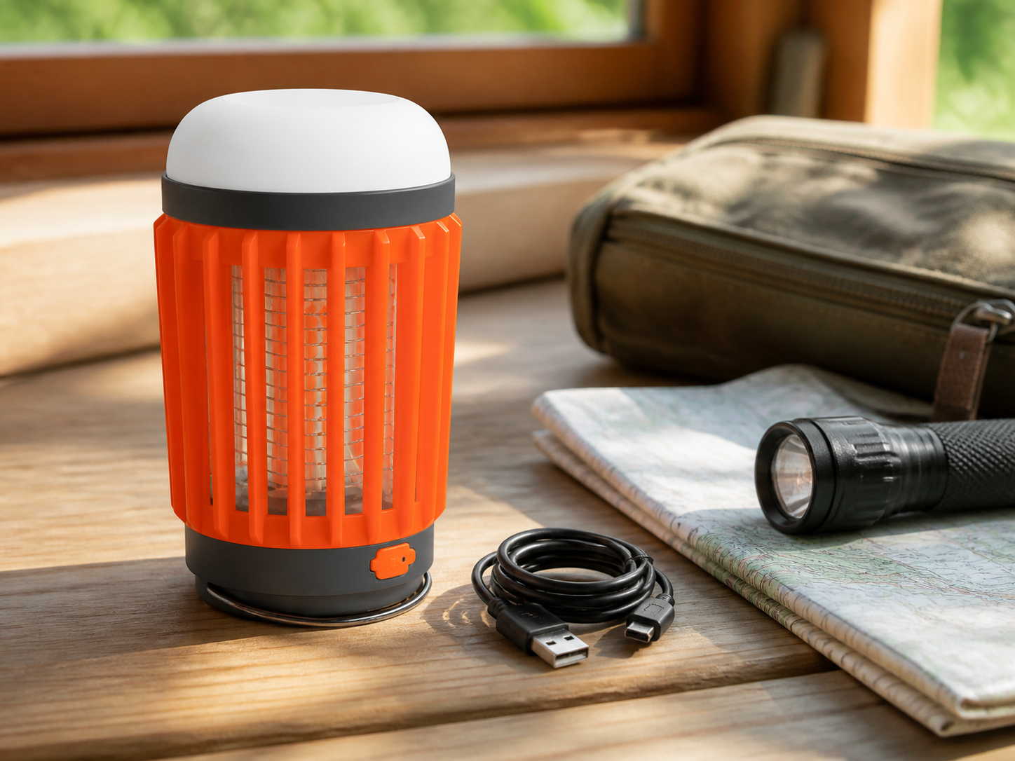 BuzzKrush lantern arranged with charging cable and outdoor trip gear